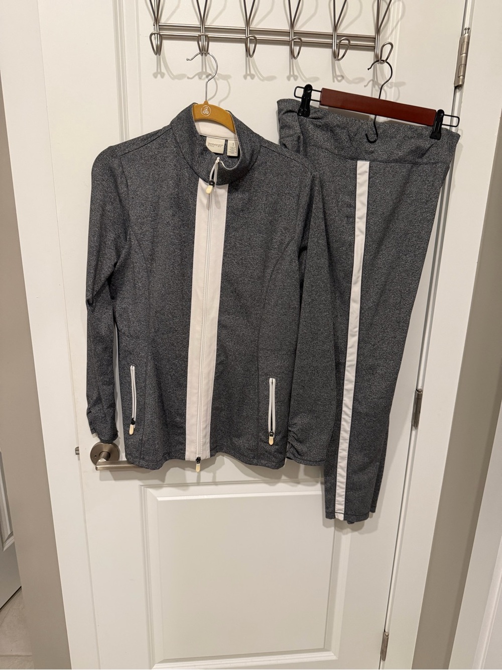 Chico’s Zenergy Gray Track Jacket & Pants Set with White Trim